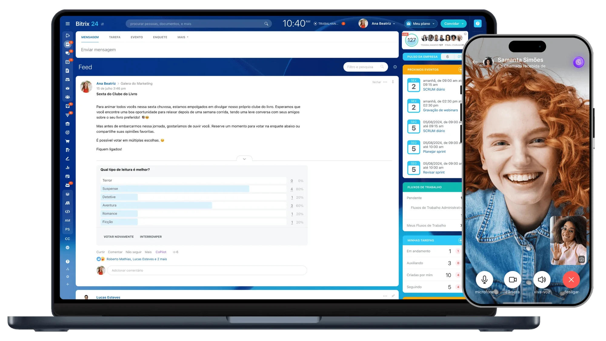 Bitrix24 no computador e no celular: feed, tarefas, calendário e chamada de vídeo
