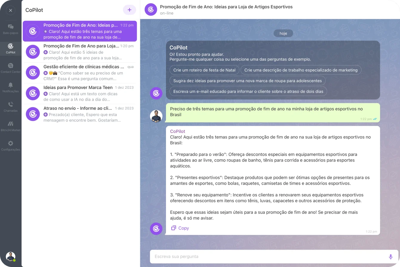 CoPilot respondendo no bate-papo do Bitrix24